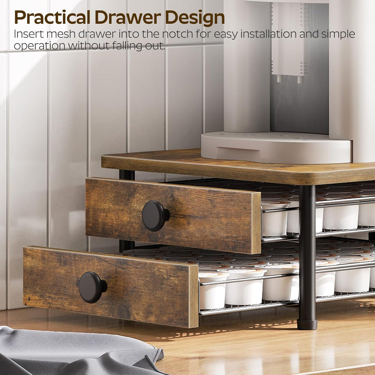 YATINEY Coffee Pod Drawer Holder, Coffee Pod Drawer for K Cup, 35 Capacity Coffee Capsules Storage Organizer, Sliding Mesh Basket, for Home Office, Kitchen, Rustic Brown KH08BRG1