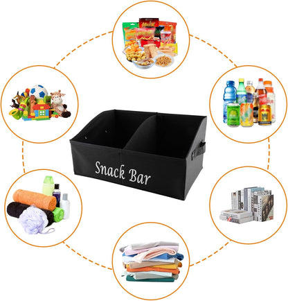 Snack Organizer for Countertop, Fabric Snack Organizer with Handles, 2 Large Compartment Snack Container Snack Basket, Snack Bar Station Decor, Kitchen Pantry Organizer and Storage, Black