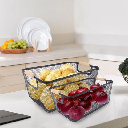 Potato and Onion Storage Bin, 2 Set Potato Bin Storage and Onion Container with Wooden Handle, Pantry Kitchen Organization and Storage, Metal Mesh Baskets for Fruit, Vegetable, Produce-Black