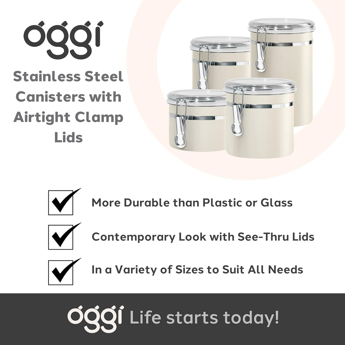 Oggi Stainless Steel Kitchen Canister 152 fl oz - Airtight Clamp Lid, Clear See-Thru Top - Ideal for Kitchen Storage, Food Storage, Pantry Storage. Jumbo Size 8" x 8".