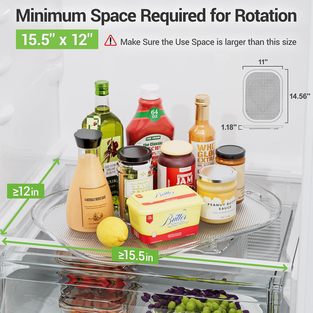 LAMU Lazy Susan Organizer 14.56''x11'' for Refrigerator Organizers and Storage Fridge Organization, Turntable Condiment Organizer for Kitchen, Table Top, Cabinet, Pantry, Countertop