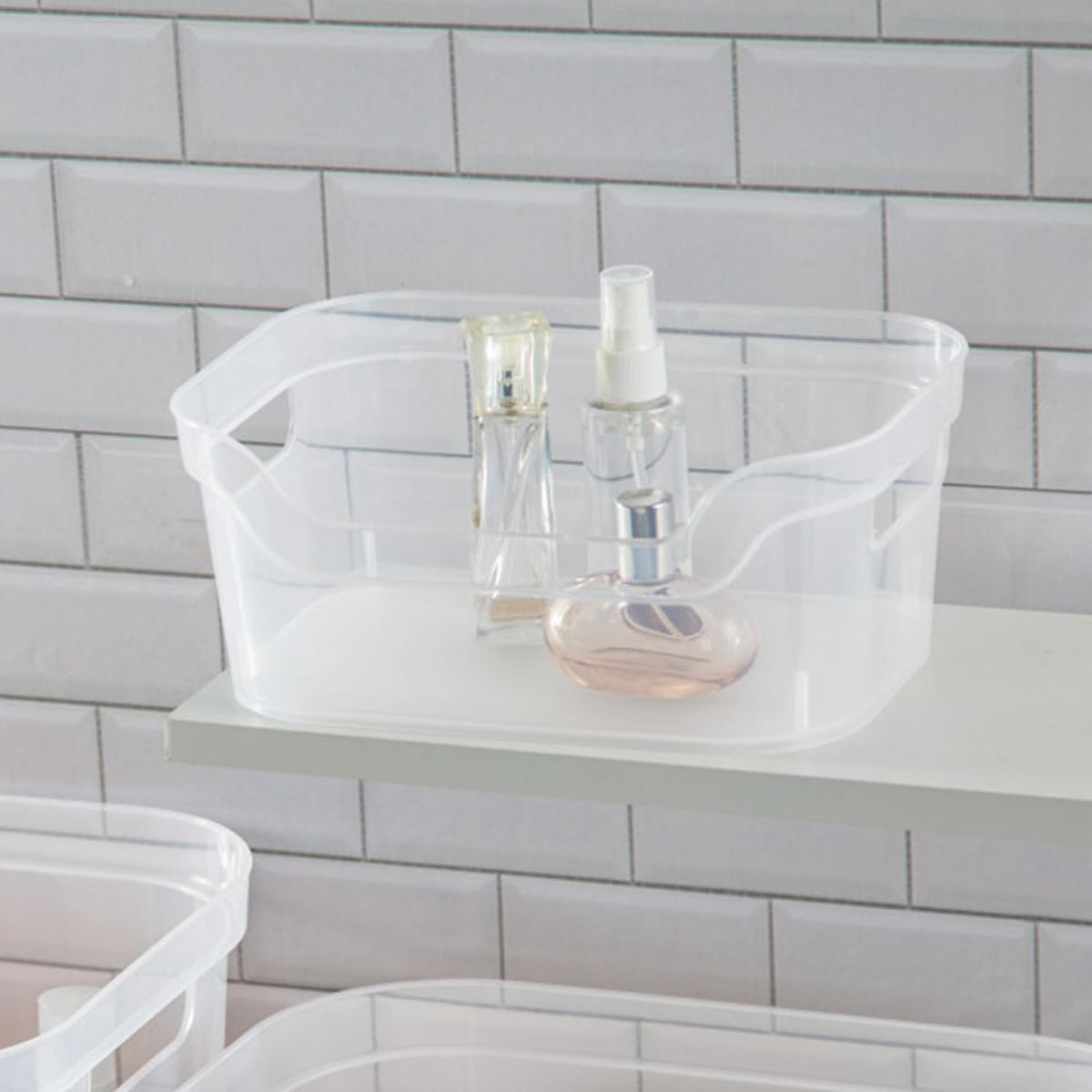 Sterilite 7 x 11 x 14.25 Inch Polished Open Scoop Front Storage Bin with Comfortable Carry Through Handles for Household Organization, Clear