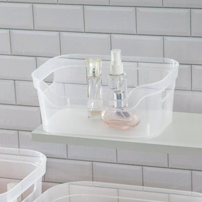 Sterilite 7 x 11 x 14.25 Inch Polished Open Scoop Front Storage Bin with Comfortable Carry Through Handles for Household Organization, Clear