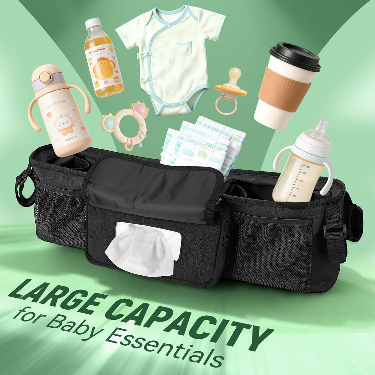 Guiseapue Universal Stroller Organizer with Cup Holder: Baby Essentials, Stroller Caddy Accessories with Detachable Phone Bag, Non-Slip Straps, Fits for Uppababy, Baby Jogger, New Moms Baby Gifts
