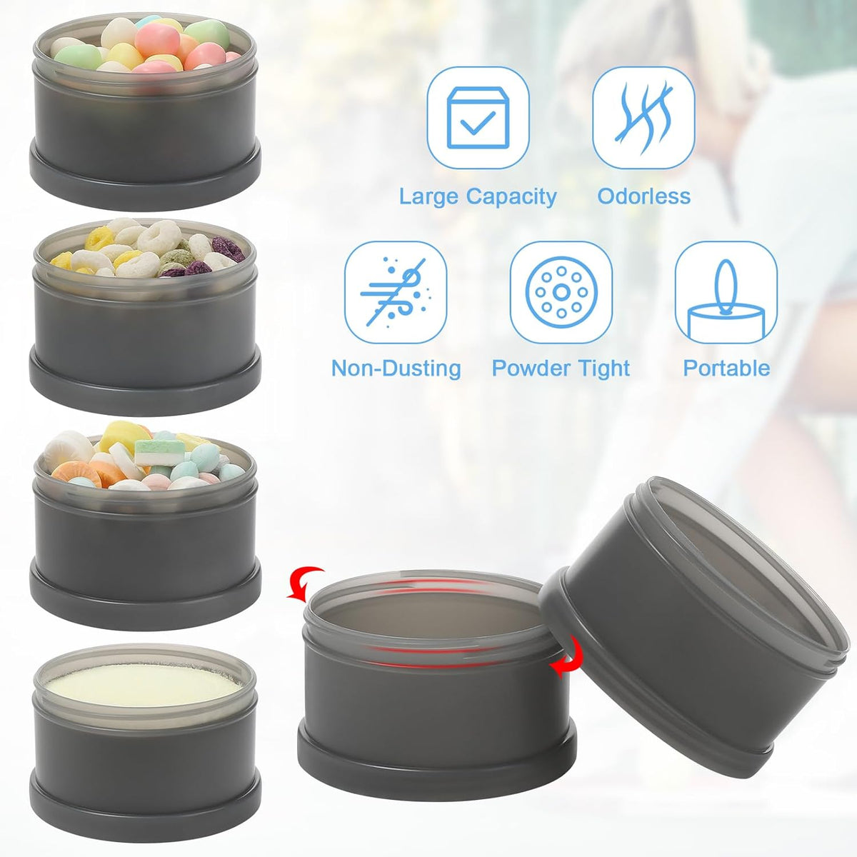 Accmor Protein Powder Container to Go with Funnels Stand, 4 Compartments Stackable Protein Powder Dispenser for Workout, Fitness, Travel