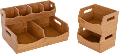 Seville Classics Bamboo Premium Organizer Storage Bins for Kitchen Silverware, Pantry, Closet, Office Desk, Pens, Utensils, Makeup, K Cup, Bamboo, Bag Holder Bin Set