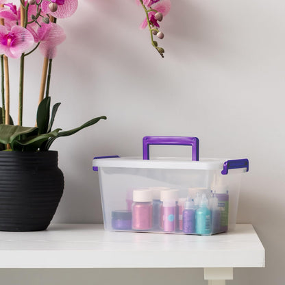 IRIS USA 6 Qt. Plastic Craft Storage Container Bins with Lids, Small Art & Office Supply Organizer Tote, Sensory Bins & Boxes for Home & University, Stackable, Secure Latch Buckles, Clear