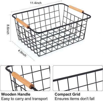 Black Wire Storage Baskets with Wooden Handles - Organizing Pantry and Kitchen Cabinets - Metal Wire Food Storage Basket