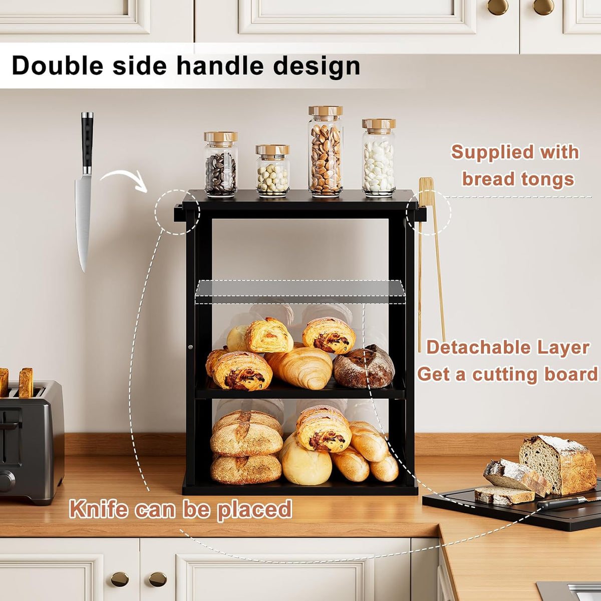 WOWLIVE Black Bread Box for Kitchen Countertop, Large 3 Layers Bread Storage Container for Homemade Bread with Window, Farmhouse Breadbox Organizer for Kitchen, Cabinet, Pantry (Black, Meduim)