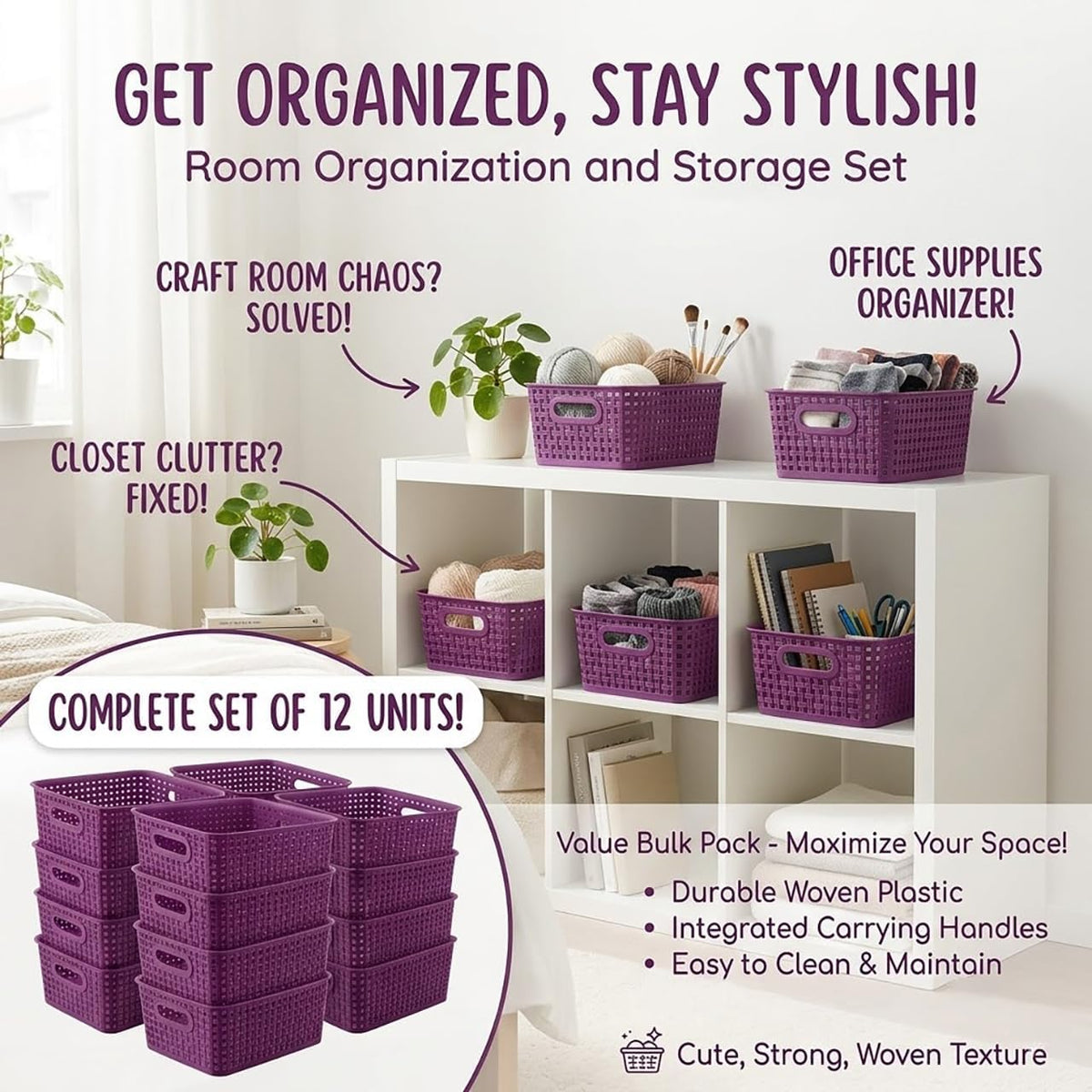 Khaki Stackable Storage Baskets, Plastic Weave Basket Organizer and Storage Set of 12, Pantry Organizing Baskets for Shelves, Kitchens, Bathrooms, Classrooms, Cabinets and Bedrooms