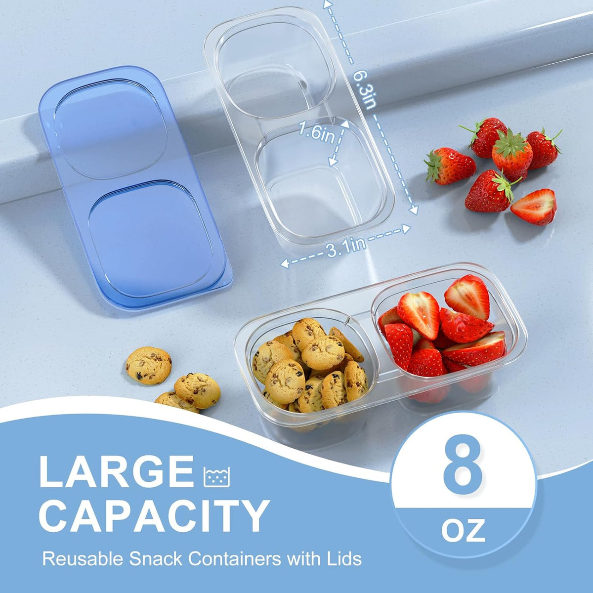 Snack Pack Containers for Kids, Reusable Snack Containers with Lids, 2 Compartment Small Bento Snack Box, BPA-Free, Lunchbox Accessories for Travel