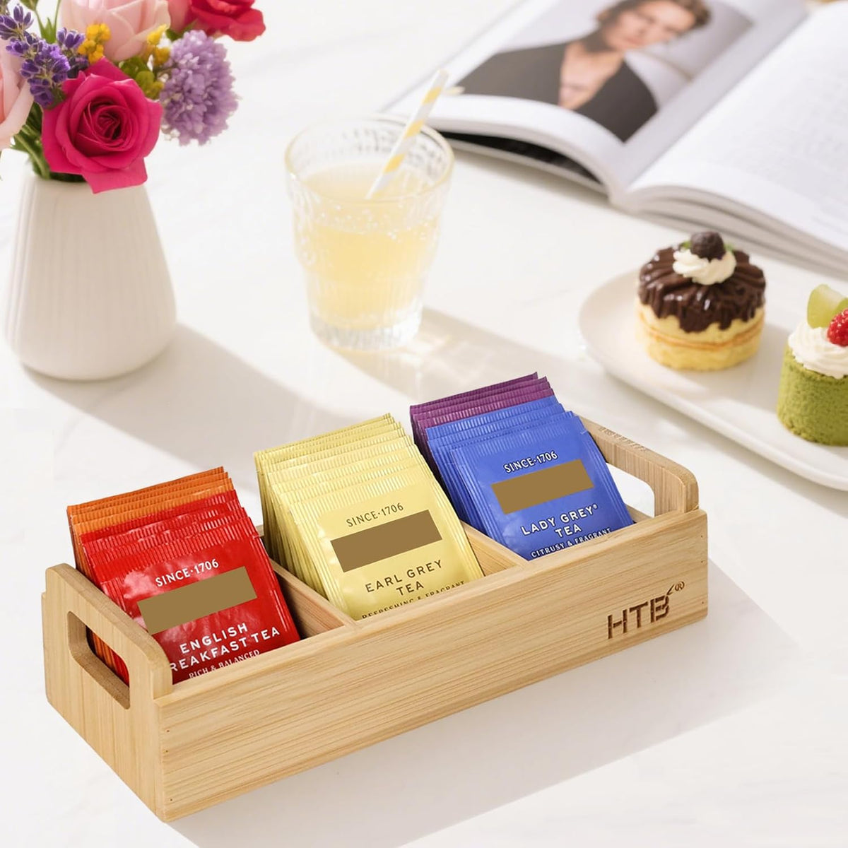 HTB Small Tea Bag Box Wooden, 3 Compartments Acacia Wood Tea Bag Chest with Handle, Mini Countertop Divided Storage Container for Beverage Supplies, Sugar, Sweeteners, Individual Packets