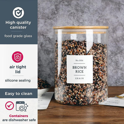 HHMJSM Large Glass Storage Jars With Airtight Bamboo Lid - 100 Fl Oz Thicken Kitchen Glass Food Storage Canister With 42 Pantry Labels - Big Clear Flour And Sugar Containers Farmhouse