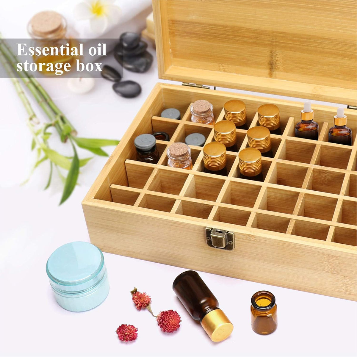 Pure Vie Essential Oil Bamboo Storage Box Travel Display Presentation, Holds 26 Bottles for 5, 10, 15ml - Aromatherapy Organizer Nail Polish Fragrance Container - Keep Your Oils Safe & Space Saver