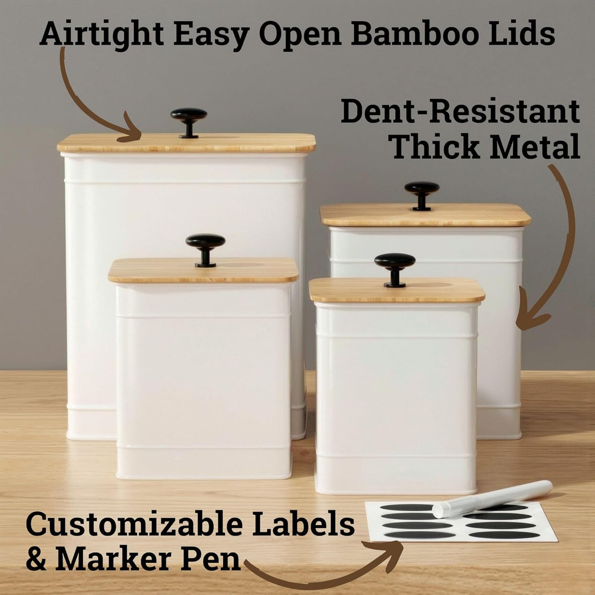 Kitchen Canisters for Countertop Set of 4 with Customizable Chalkboard Labels & Marker Pen - Big Iron Kitchen Canisters with Airtight Lids - Black Canister Set - Flour and Sugar Containers Farmhouse