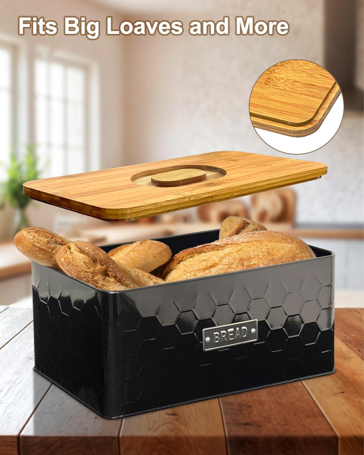vensovo Bread Box for Countertop – Large White Metal Bread Bin with Bamboo Cutting Board Lid, Farmhouse Bread Storage Container for Homemade Bread, Baked Goods & Kitchen Counter Organization