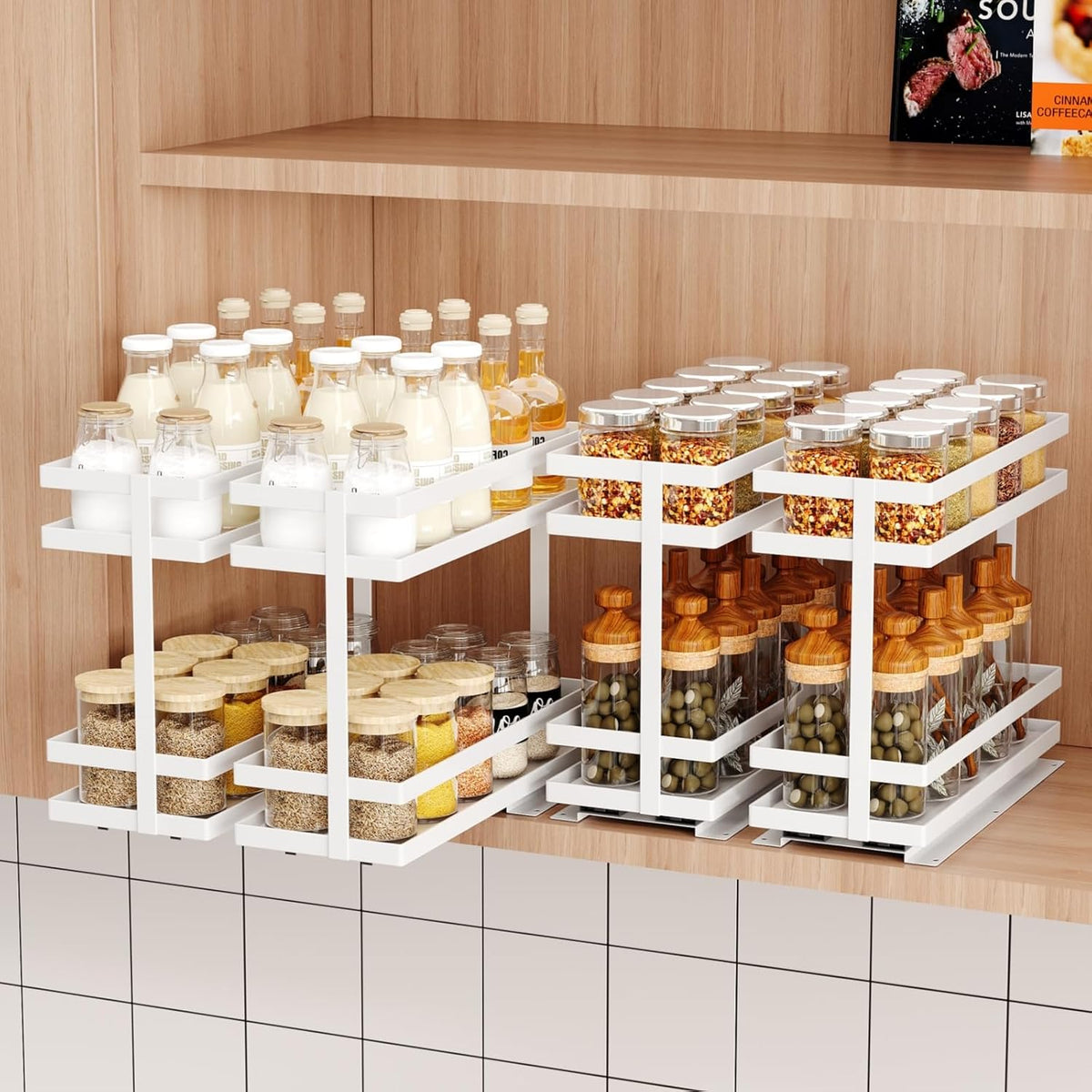 Mustorn 2 Pack Pull Out Spice Rack Organizer for Cabinet, 2 Tier Metal Slide Out Seasoning Organizer and Storage Heavy Duty Vertical Spice Rack Shelf Pullout for Kitchen Cabinets No Drilling (Black)