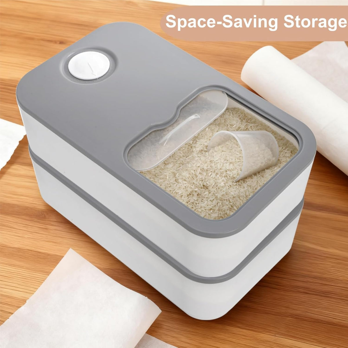 Rice Storage Container, 11 Lbs Plastic Airtight Rice Dispenser with Measuring Cup, Dry Food Storage Bucket Box with Lid, Flour Bin Pet Food Container, Kitchen Organizer for Grain Cereal, White