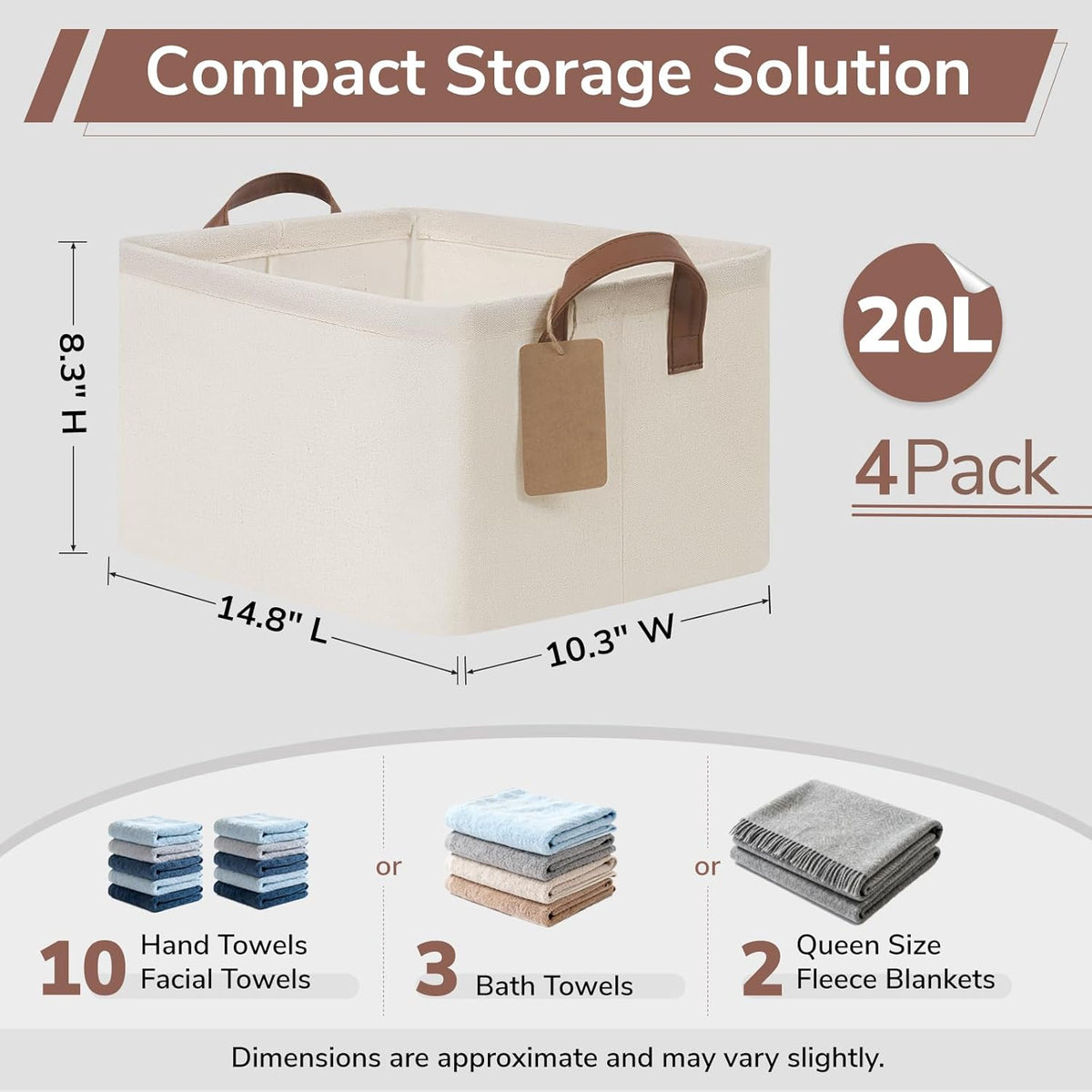 CHICVITA 4 Pack Large Storage Baskets for Shelves, Collapsible Closet Organizer Bins with Metal Frame, Fabric Storage Bins for Clothes Towels Organization, 16.8" x 11" x 9.8", Beige