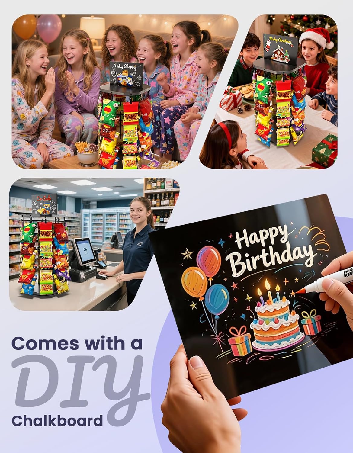 Chip Rack Display Stand with Heavy-Duty 360° Smooth-Rotating Metal Base, 5 Tiers 40 Clips Chip Bag Holder Display, Candy Stand, Snack Organizer for Countertop, Party, Store Concession Stand