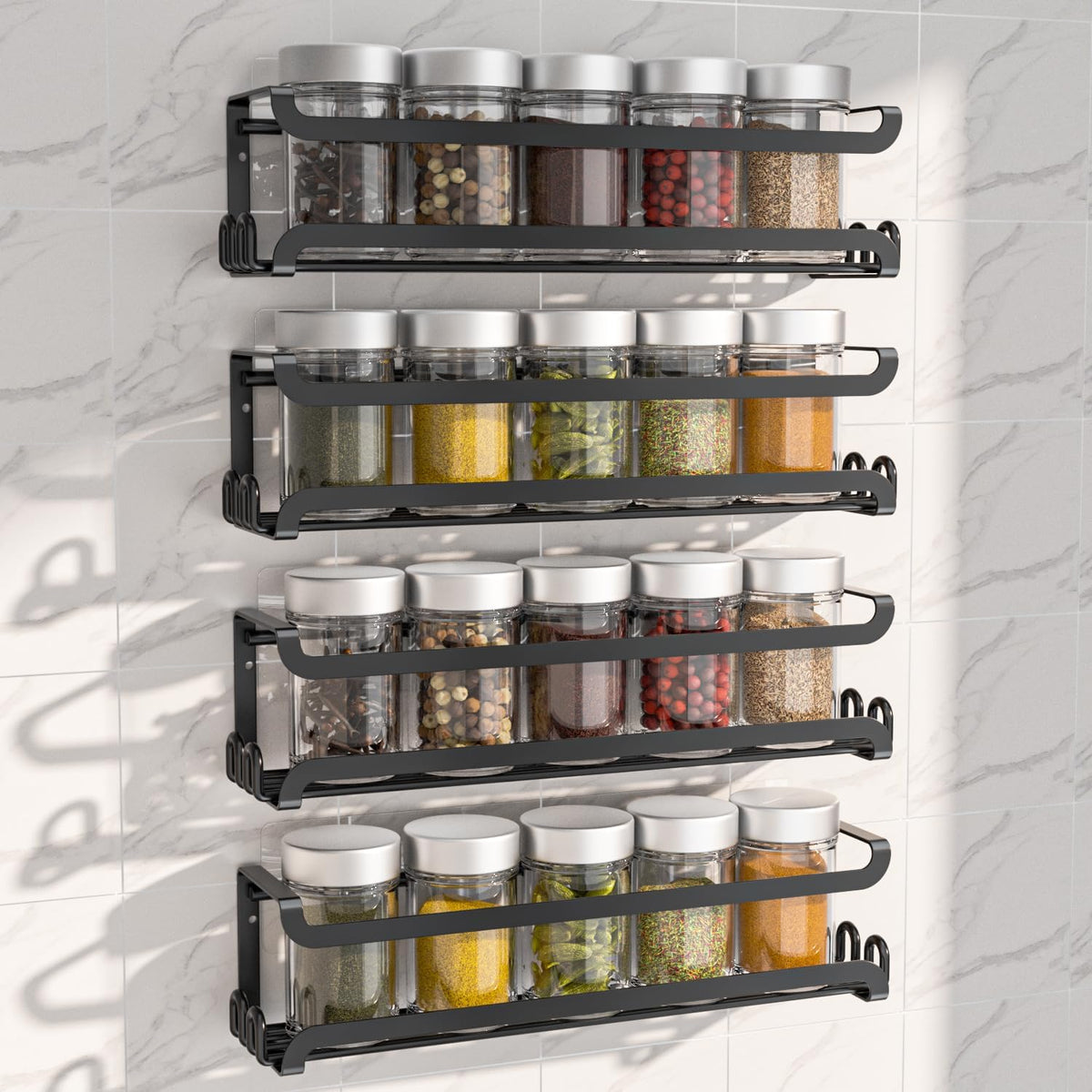 LUCYCAZ Wall Mounted Spice Rack with 8 Hooks, Spice Organizer Shelf for Stove Cabinet Pantry Door,Screw or Adhesive Spice Shelf Hanging Wall Spice Rack in Kitchen and RV (Black)