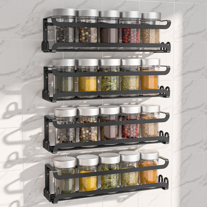 LUCYCAZ Wall Mounted Spice Rack with 8 Hooks, Spice Organizer Shelf for Stove Cabinet Pantry Door,Screw or Adhesive Spice Shelf Hanging Wall Spice Rack in Kitchen and RV (Black)