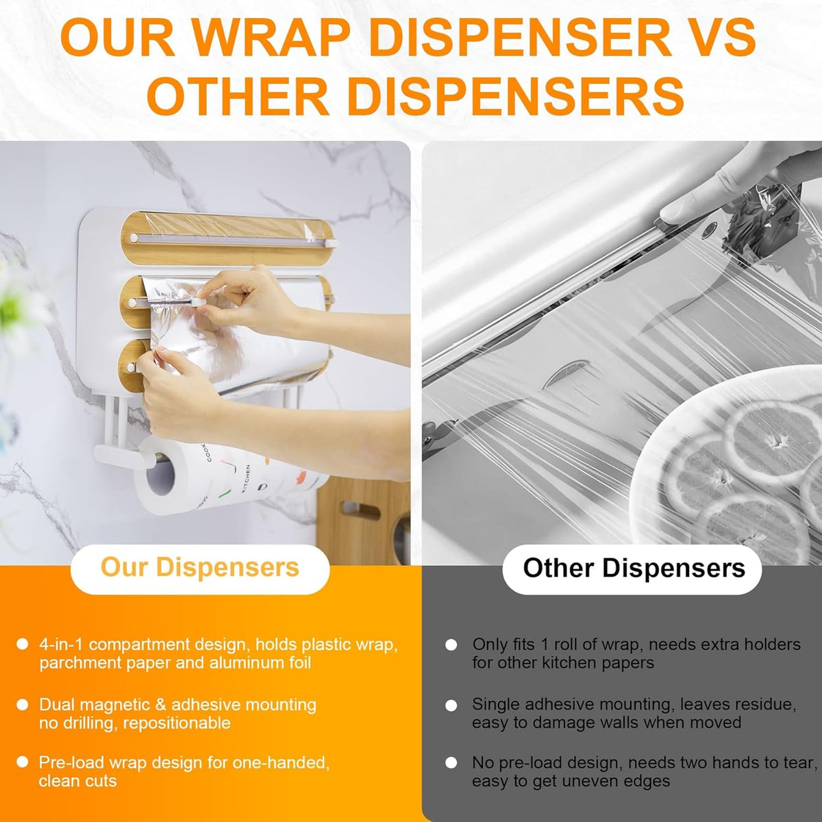 4in1 Plastic Wrap Dispenser with Cutter Aluminum Foil Organizer Wrapping Paper Storage and Kitchen Towel Holder Ideal for Kitchen Organization and Countertop Space Saving