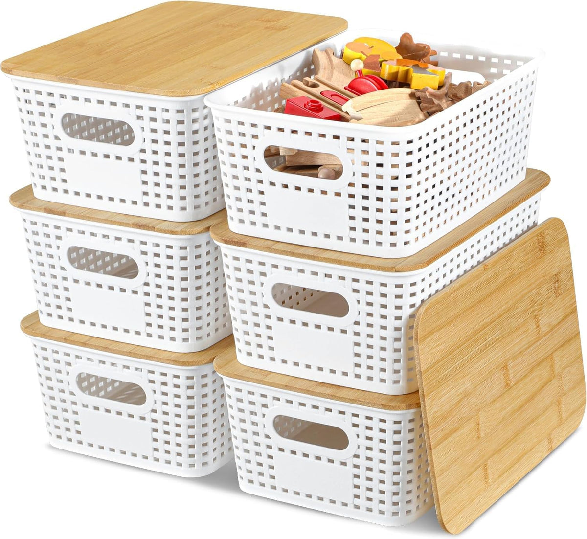 EOENVIVS Plastic Storage Baskets with Bamboo Lids for Pantry Organization and Storage Containers Bins for Shelves Drawers Desktop Closet Playroom Classroom Office Home, 6 Pack,White