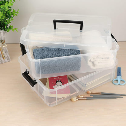JUXYES 2-Tiers Stack Carry Storage Box With Handle, Transparent Stackable Storage Bin With Handle Lid Latching Storage Container for School & Office Supplies (Red)