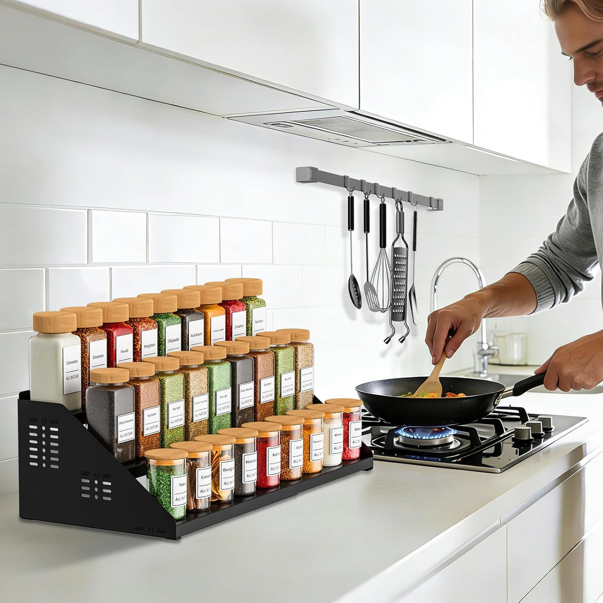 RCHYFEED Spice Rack Organizer for Cabinet, 3 Tier Spice Rack Expandable(13.4"-21.8"), Height Adjustable Spice Organization Shelf Metal Display Shelf, Spice Organization for Cabinet Countertop Pantry