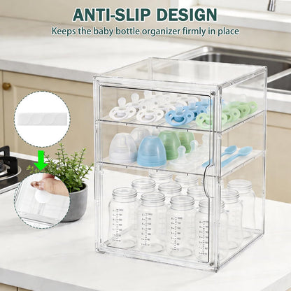 Baby Bottle Organizer, 3-Tier Bottle Storage for Countertop with Double Magnetic Doors, Clear Plastic Bottle Station Organizer Mom Gifts with 2 Dividers for Kitchen, Bathroom, Cabinet, Vanity