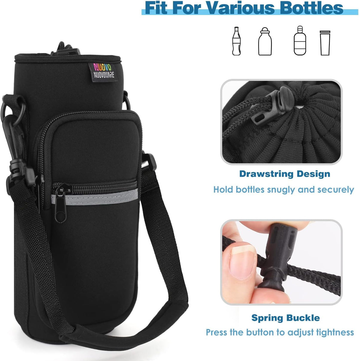 Nuovoware Water Bottle Carrier Bag,25oz/40oz/64oz Bottle Pouch Holder,Adjustable Shoulder Hand Strap 2 Pocket Sling Neoprene Sleeve Sports Accessories for Hiking Travelling Camping