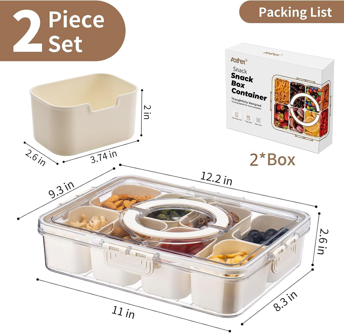 Snack Box Container, Dishwasher Safe Fruit Storage Containers, Divided Serving Tray with Lid for Veggie, Candy and Nuts Organizer, Snackle Charcuterie Boxes for Kids, Adults Travel, Party and Picnic