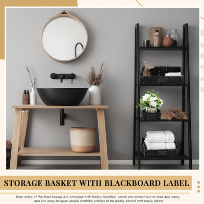 Wonderjune 4 Pcs Water Hyacinth Storage Basket Set Boho Wicker Rattan Pantry Basket with Chalkboard Label Handles Woven Container Kitchen Laundry Large Small for Shelves Food Home Bathroom Decor