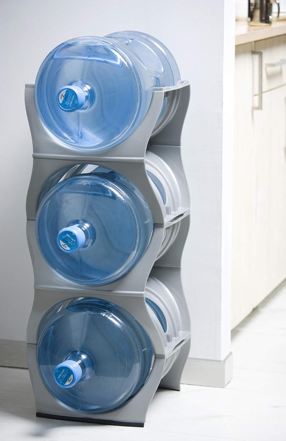 Bariboo Stackable Water Bottle Storage Rack Best Water Jugs 5 Gallon Organizer. Jug Holder for Kitchen, Cabinet and Office Organizing. Reinforced Polypropylene (Silver, 4 No Shelf)
