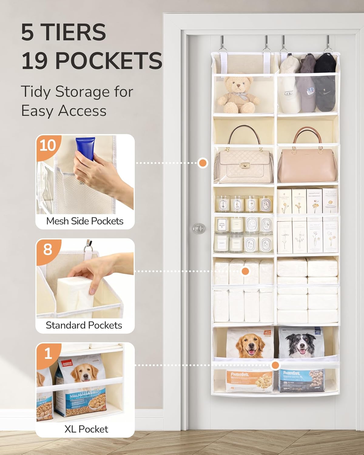 ULG Over The Door Organizer with 6 Large Pockets 12 Side Pockets, 50lbs Weight Capacity Door Hanging Organizer for Bedroom, Bathroom, Pantry, Nursery Storage, Beige
