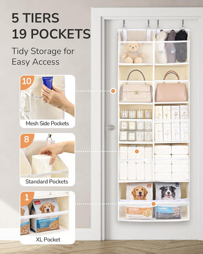 ULG Over The Door Organizer with 6 Large Pockets 12 Side Pockets, 50lbs Weight Capacity Door Hanging Organizer for Bedroom, Bathroom, Pantry, Nursery Storage, Beige