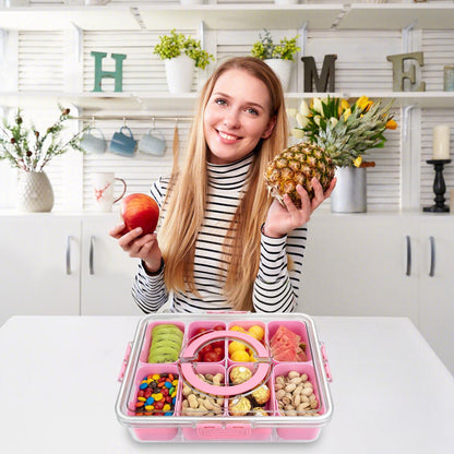 Divided Serving Tray with Lid and Handle,8 Compartments Snacks Box,Snack Fruit Tray,Veggie Tray,Portable Platter for Candy Fruits Nuts Snack Party Entertaining Picnic