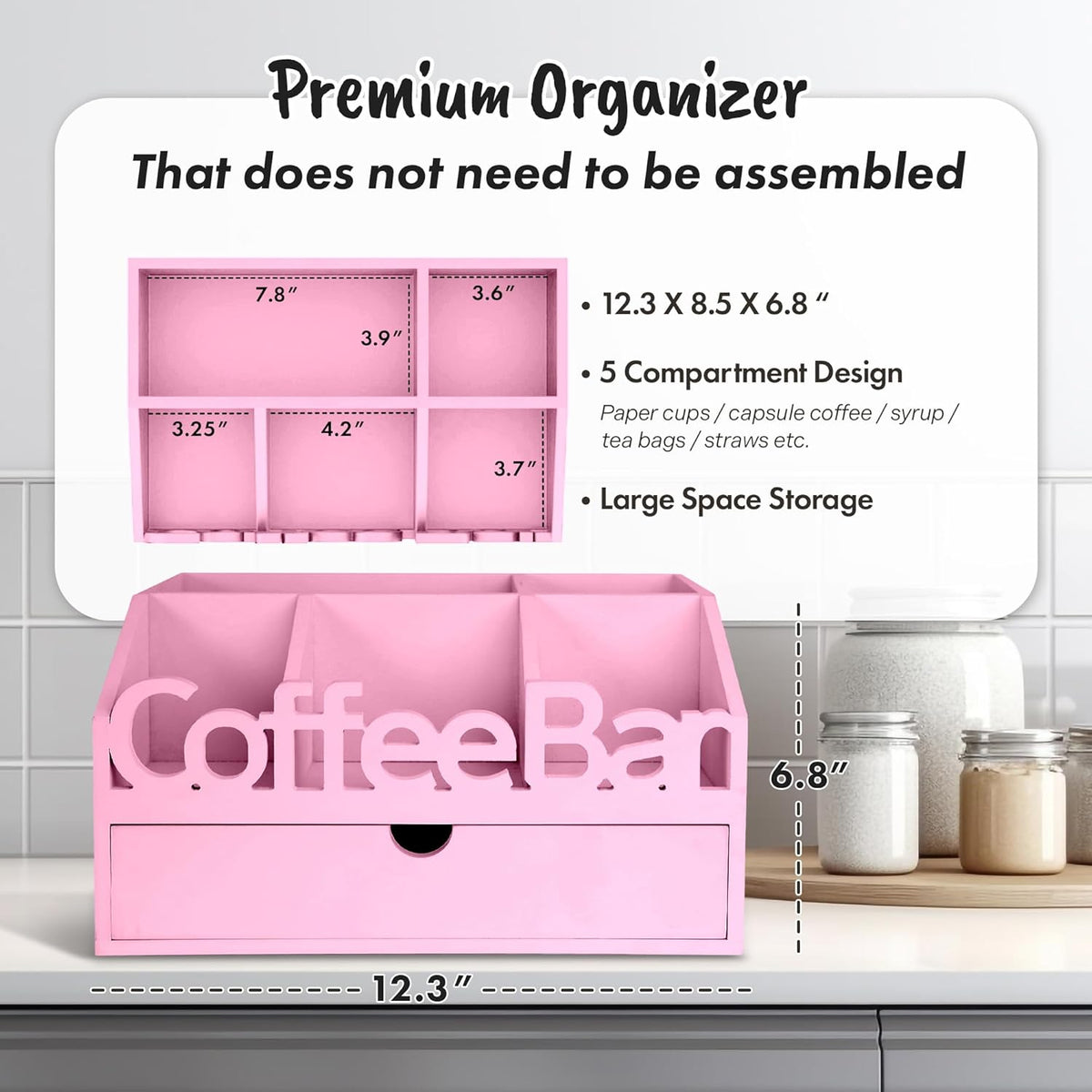Coffee Bar Organizer for Countertop – Wooden Coffee Caddy with Compartments for Pods, Sugar Packets, and Accessories – Coffee Condiment Station Storage for Home and Office (Black)