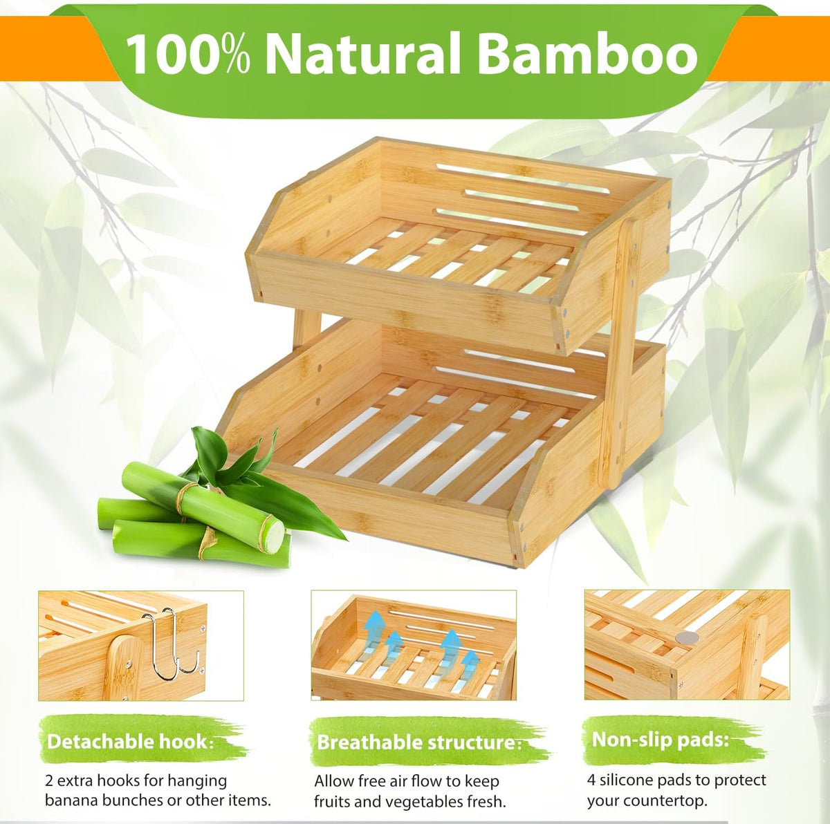 Gmtsl Bamboo Fruit Basket for Kitchen – 3 Tier Fruit Bowl For Kitchen Counter, Large Fruit Holder With 2 Banana Hangers, Idea For Fruit and Vegetable Storage, Bread Basket, Snack Organizer(BLACK)