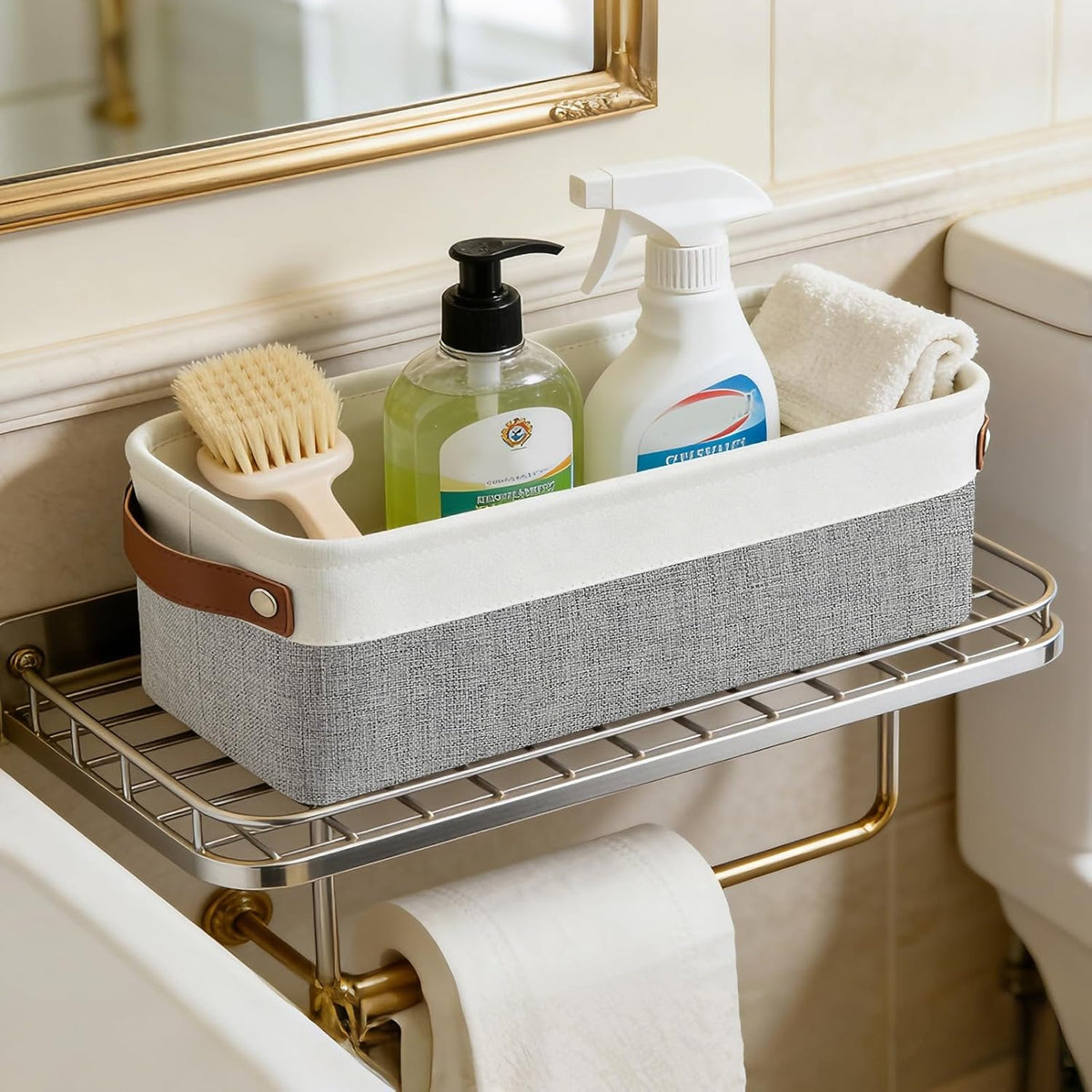 Bagnizer Large Fabric Storage Baskets | 50L Storage Bins, Decorative Linen Closet Baskets with Handles for Organizing, Shelf, Toys, Clothes, Home, Office, Nursery, 17x12x15Inches (Grey&White)