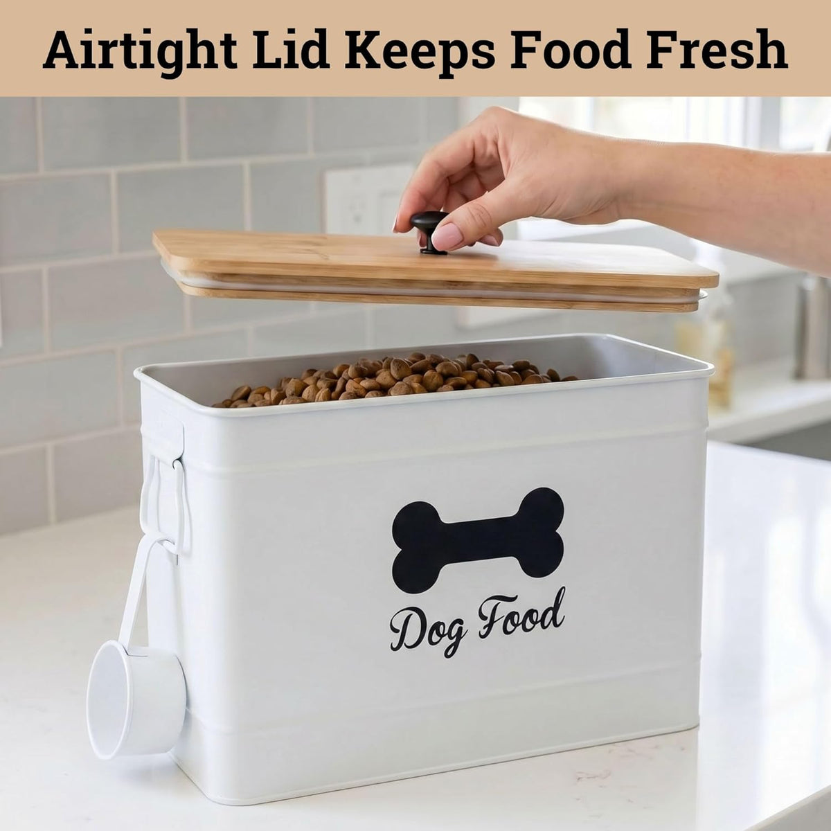 Dog Food Container Airtight 15-20 lb (70 Cup) Capacity with Metal Scoop - Cute Airtight Dog Food Storage Container with Bamboo Lid - Black Metal Kibble Storage Bin for Dogs up to 100 lbs - Big Pet Jar
