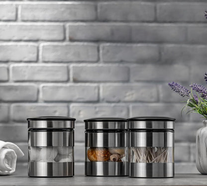 Le'raze Quality Stainless Steel Canister Set of 3 for Kitchen Counter with Glass Window & Airtight Lid - Food Storage Containers with Lids Airtight - Pantry Storage and Organization Set