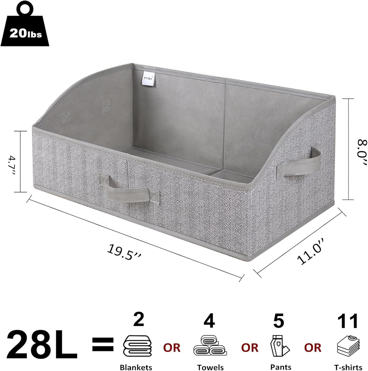 WUIKE Closet Organizers and Storage, Trapezoid Storage Bins, Fabric Closet Bins with Handles, Foldable Storage Baskets for Clothes, Purse, Blanket, Herringbone Gray, Extra Large