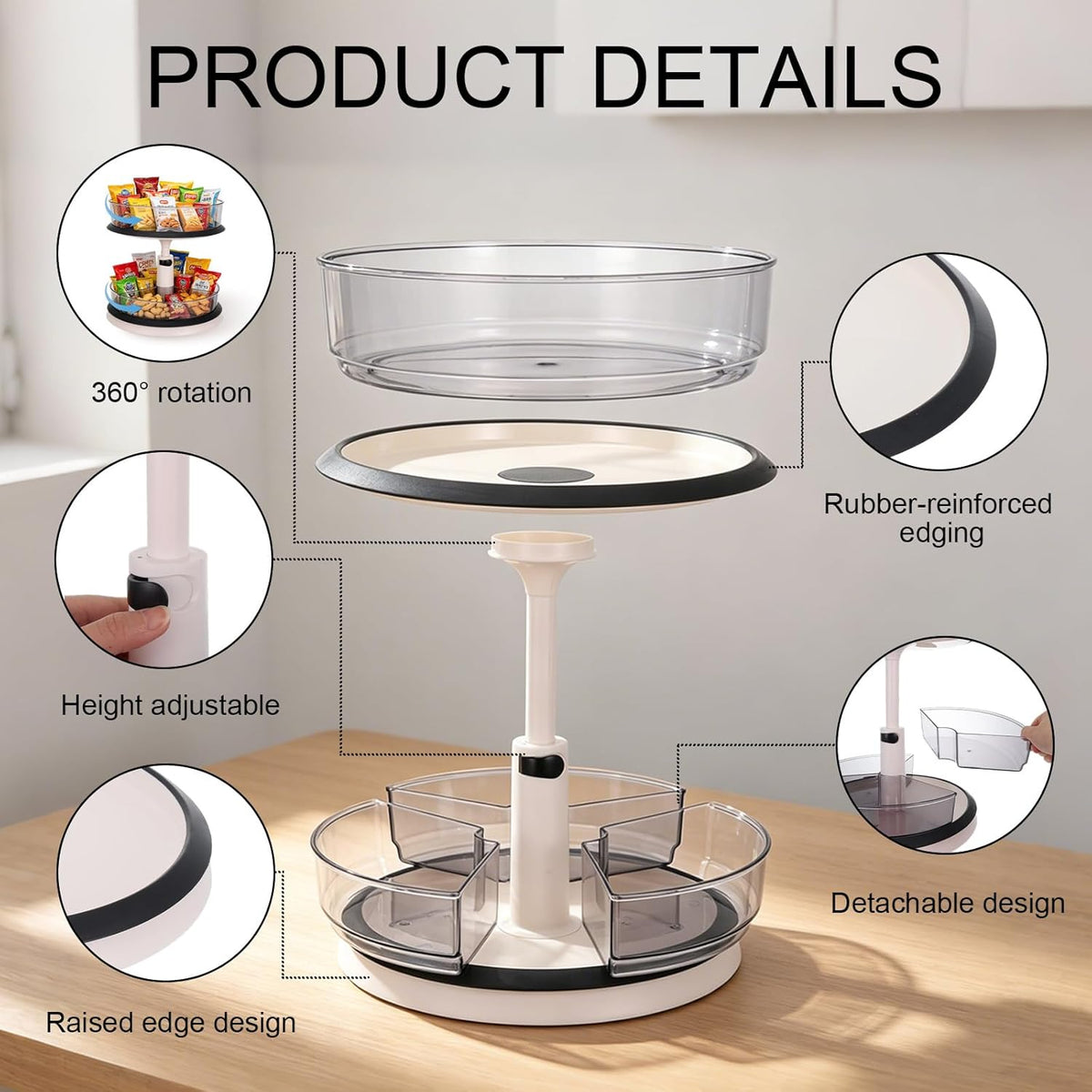 2 Tier Snack Organizer Turntable, Adjustable Height Gray Snack Rack, Removable Dividers Snack Storage Cabinet with Convenient Grab-and-Go Design for Kitchen & Living Room