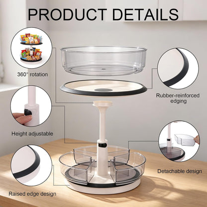2 Tier Snack Organizer Turntable, Adjustable Height Gray Snack Rack, Removable Dividers Snack Storage Cabinet with Convenient Grab-and-Go Design for Kitchen & Living Room