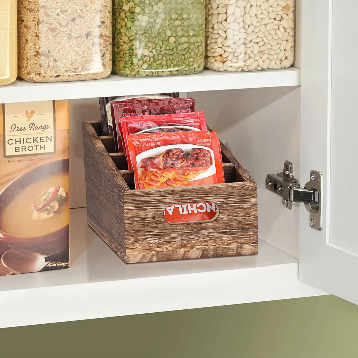 BSTKEY Seasoning Packet Organizer with Handle, Food Packet Storage with 4 Stairstep Compartments, Wooden Storage Caddy for Pantry Cabinet, Farmhouse Kitchen Organization Bin for Snacks Spice Packets