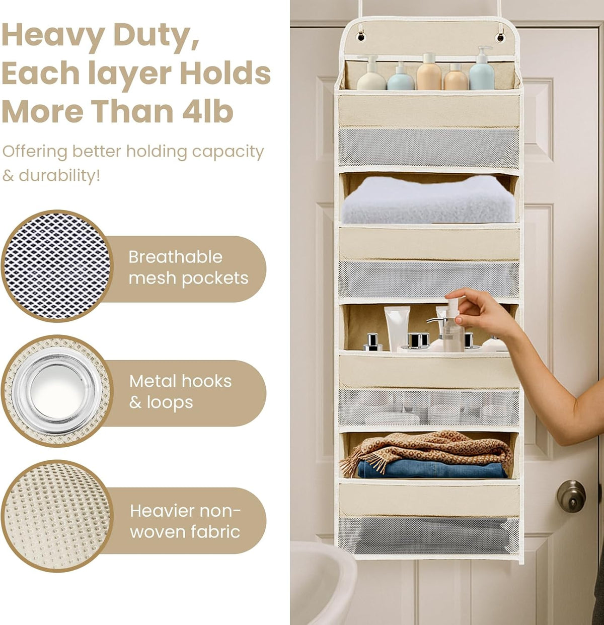 Over The Door Organizer with LifetimeWarranty, 4 Shelves & 4 Side Pockets, Large Storage Rack Holds 44lb, Heavy-Duty Reinforced Mesh Shelf for Bathroom, Closet, Toy Organization, Shoes, Towels, Grey