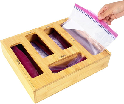 Bag Storage Organizer Compatible with Ziploc | Gallon, Quart, Sandwich & Snack Sized Slider Bags,Bamboo Organizer For Drawer,13.7"L*11.8H"*3.1W"