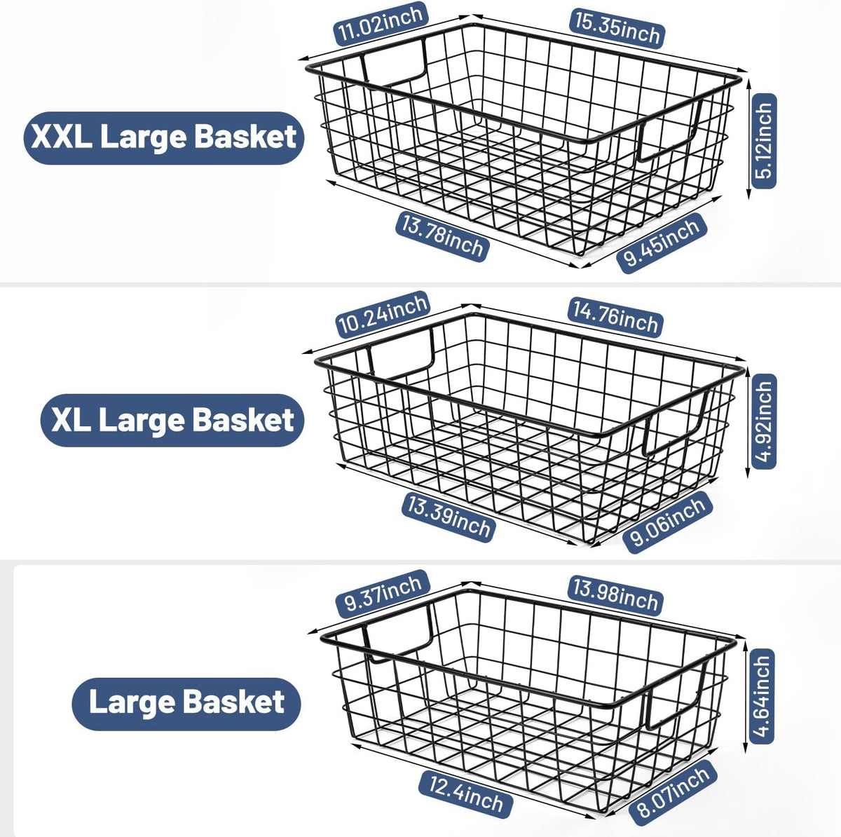 3 Pack Extra Large Wire Basket with Metal Handles, Metal Basket for organizers and storage, Wire Storage Baskets for Pantry, Cabinet, Fridge, Kitchen, Wardrobe, Garage, Bathroom, Black